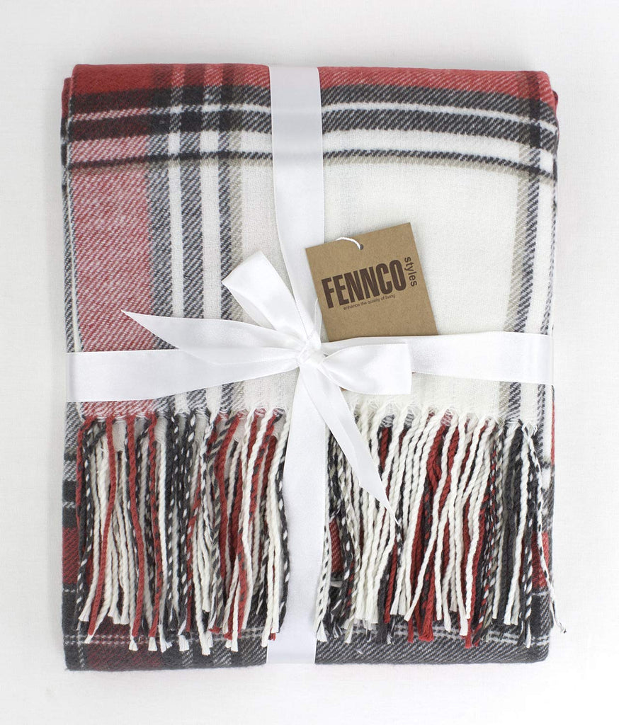 Classic Plaid Pattern Tassel Trim Throw Blanket 50 x 60 Inch - Red White Throw for Couch, Home Decor and Holiday