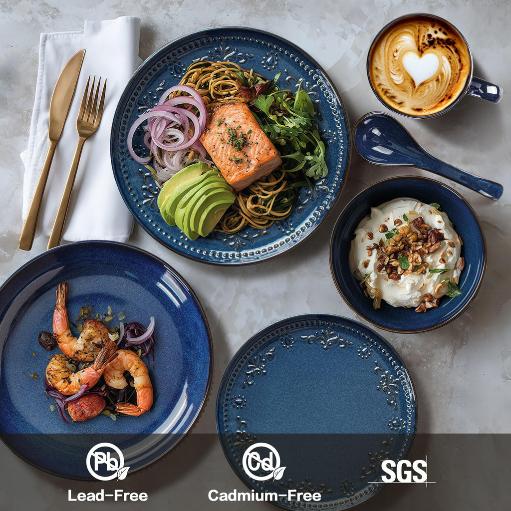 24-Piece Handcrafted Ceramic Dinnerware Set with Mugs, Service for 6 - Reactive Glaze Embossed Plates, Bowls & Mugs