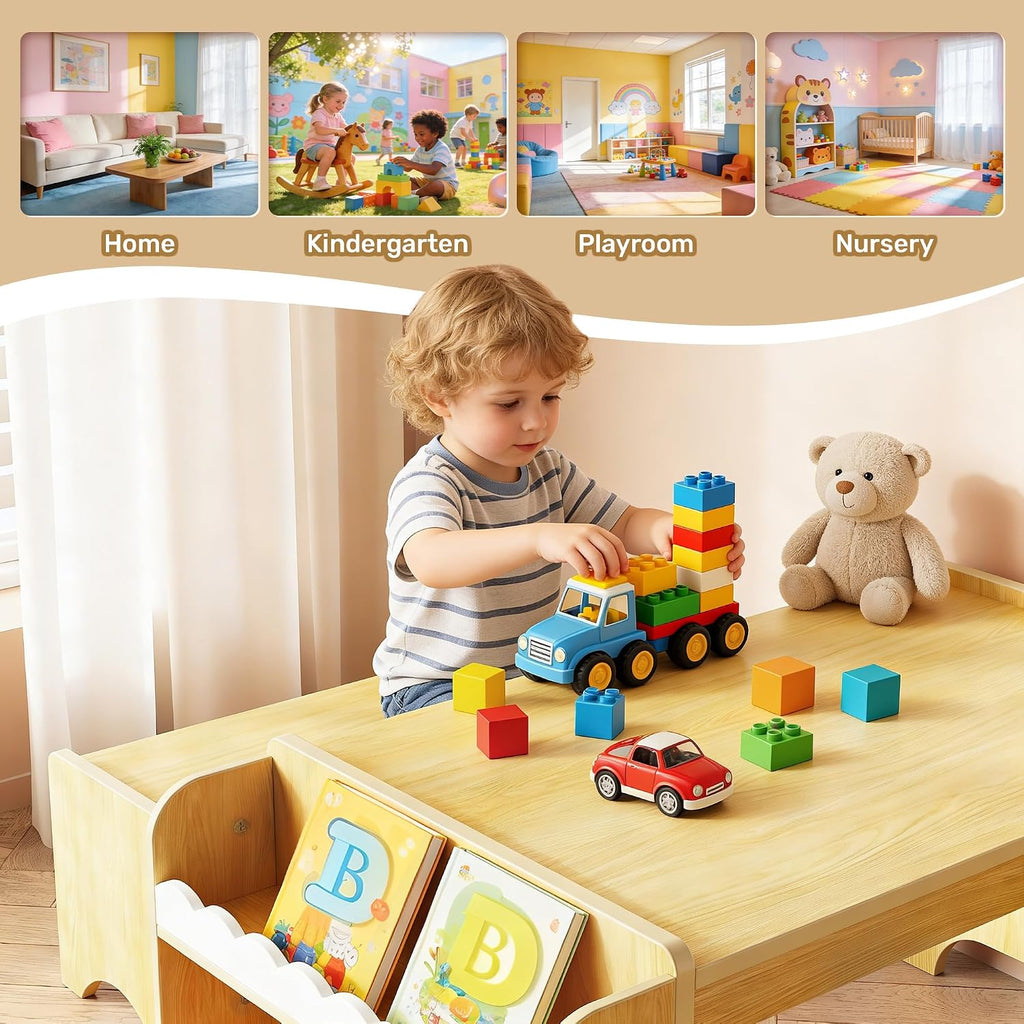 Montessori Kids Table and Bench Set, Kids Table and Chairs Set, Indoor Kid Craft Tables with Storage, Toddler Desk