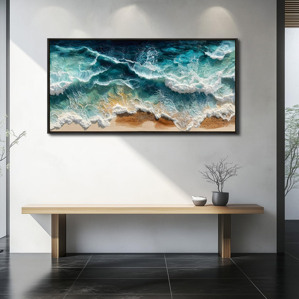 Canvas Wall Art Beach Wall Art Framed Wall Decor Ocean Wave Canvas Art Prints, Aerial View Sea Paintings Pictures