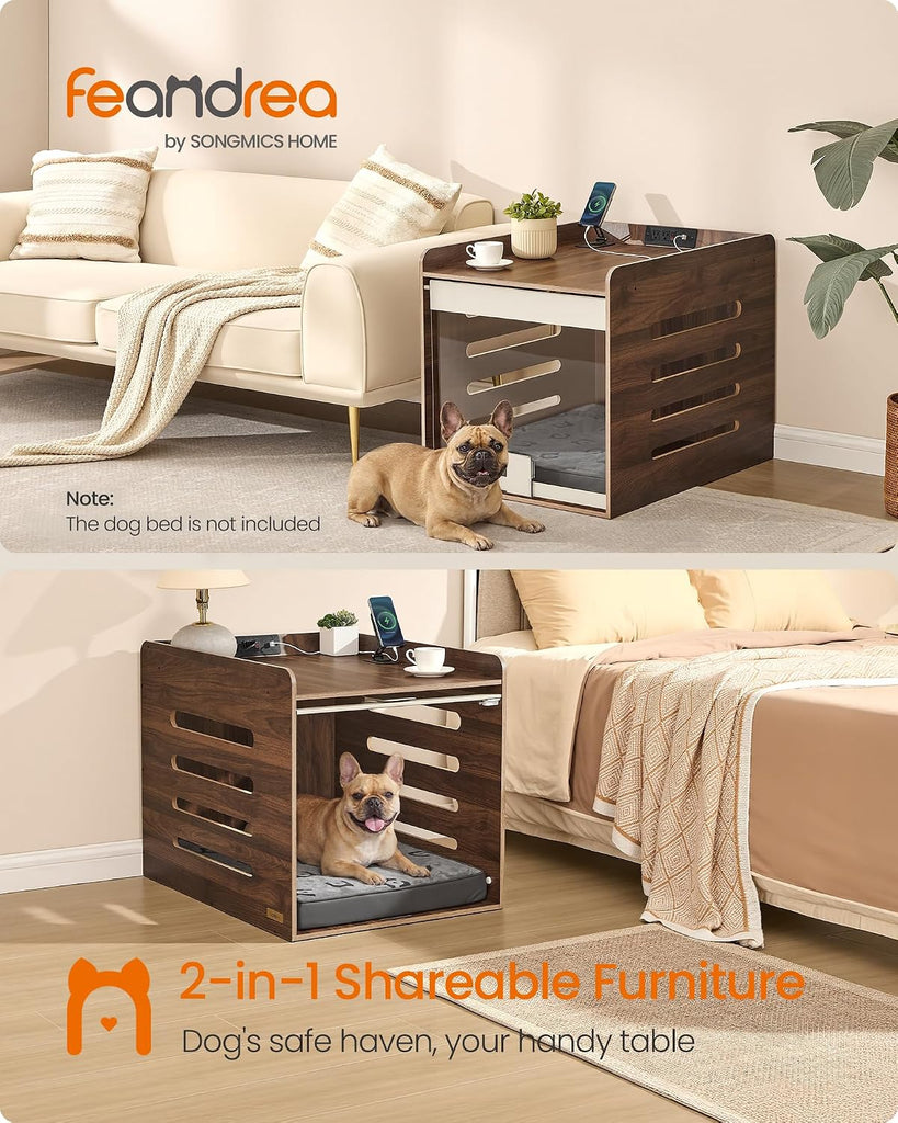 Dog Crate Furniture, Flip-Up Hidden Acrylic Door, Charging Station