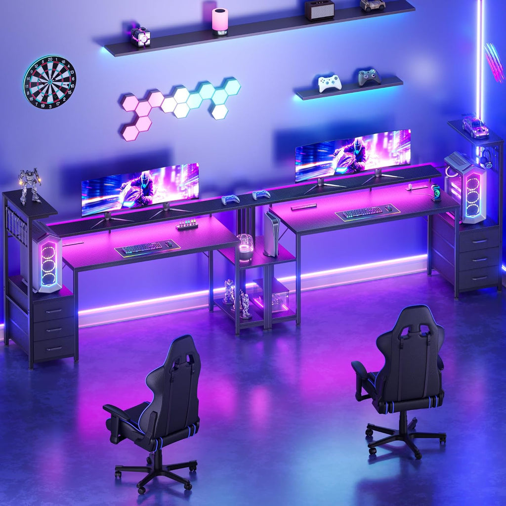 63 Inch Gaming Desk with Bluetooth LED Lights & Power Outlets,Computer Desk with Fabric Drawers & Hooks,Reversible