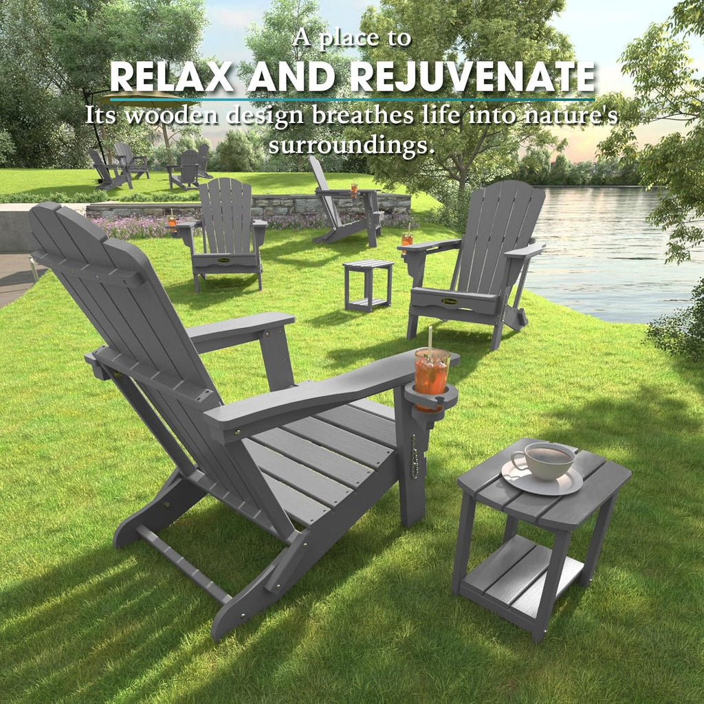 Folding Adirondack Chair, HDPE All-Weather Outdoor Chair | with Cup Holder, Wood Grain, Wide Armrest, Fire Pit Chair