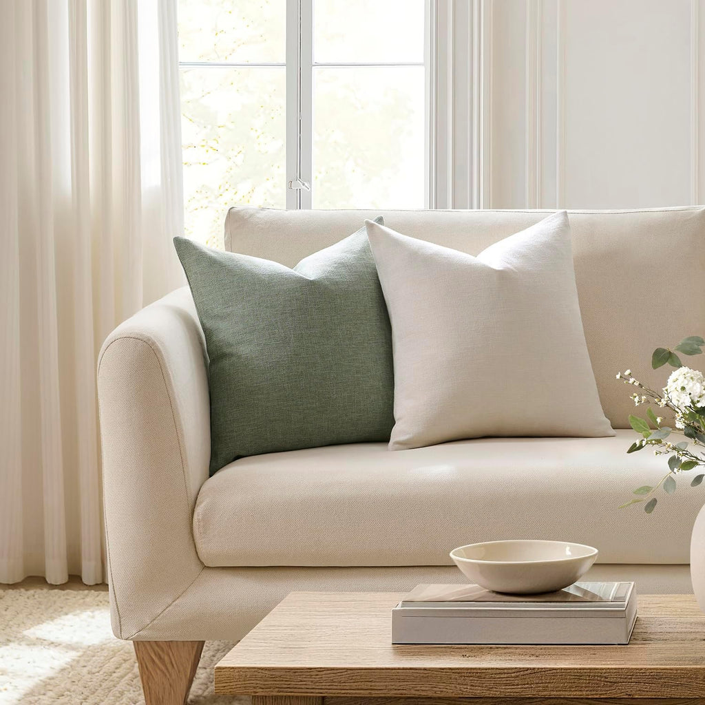 Set of 2 Ivory Throw Pillow Covers 18x18, Modern Farmhouse Linen Blend Decorative Pillow Covers, Neutral Home Decor