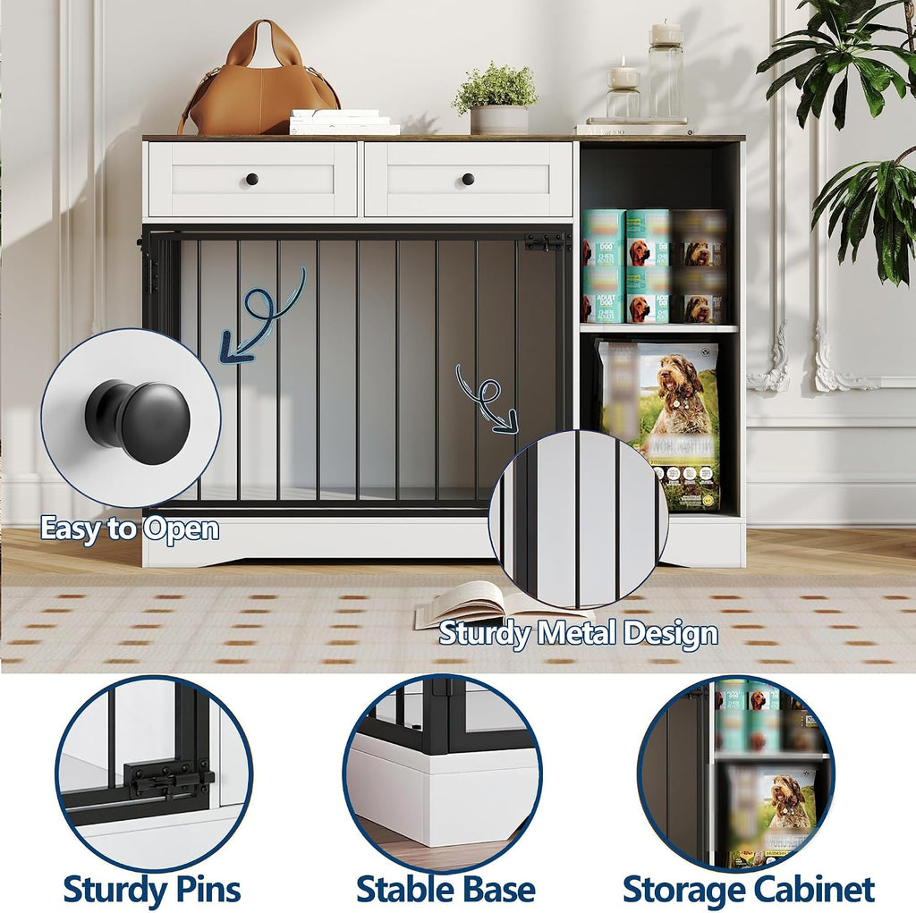 Farmhouse Dog Crate Furniture 47" - Modern Indoor Kennel with Double Doors, TV Stand & Buffet Cabinet, Dog Cage Side