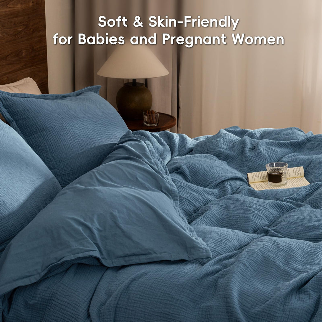 100% Cotton Muslin Duvet Cover, 3-Layer Guaze Ultra Soft Breathable Textured Linen Like, 3pcs Bedding