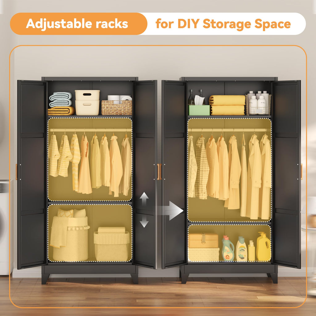 71" H Metal Wardrobe Cabinets with 2 Doors, Large Clothing Storage Cabinets with Hanging Rod and Adjustable Shelves