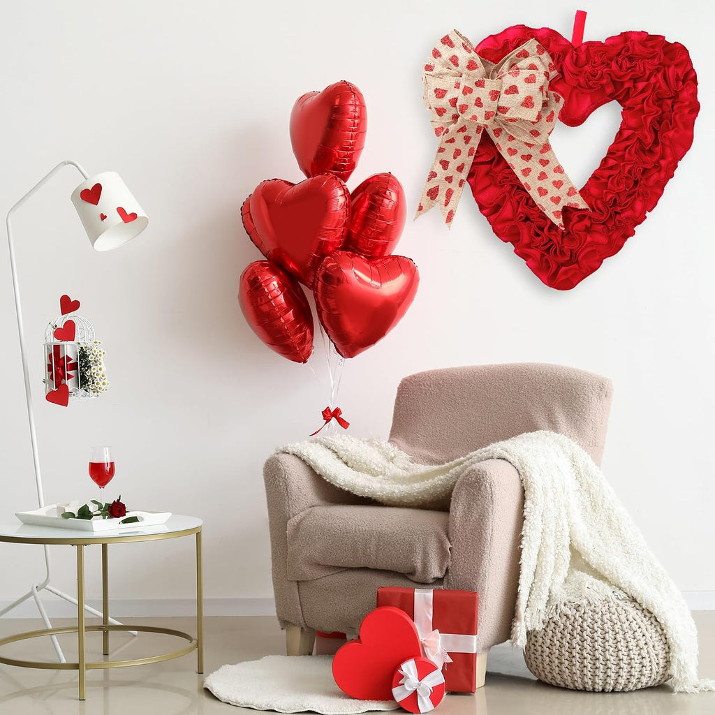 17.3'' Heart Wreath Red Burlap Heart Shaped Ornaments with Heart Pattern Bows for Front Door Wedding Party Decorations
