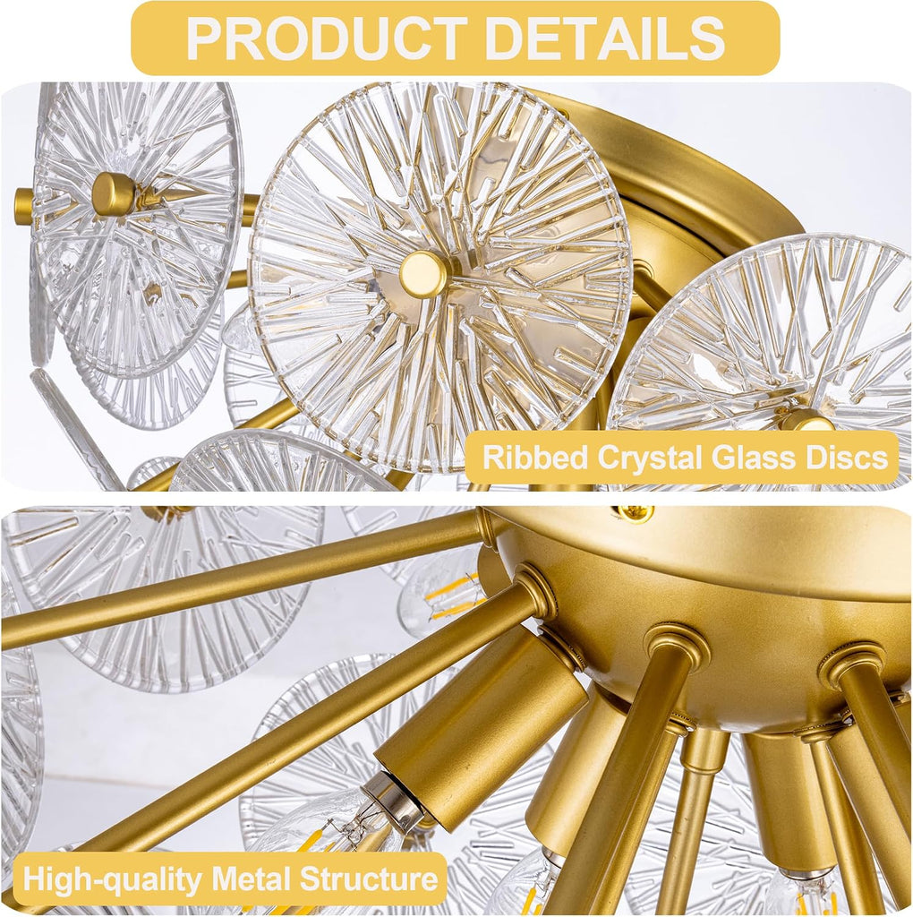 6 Lights Flush Mount Ceiling Light Fixture, 21.85" D Modern Glass Chandelier, Gold Glass Flush Mount Chandelier