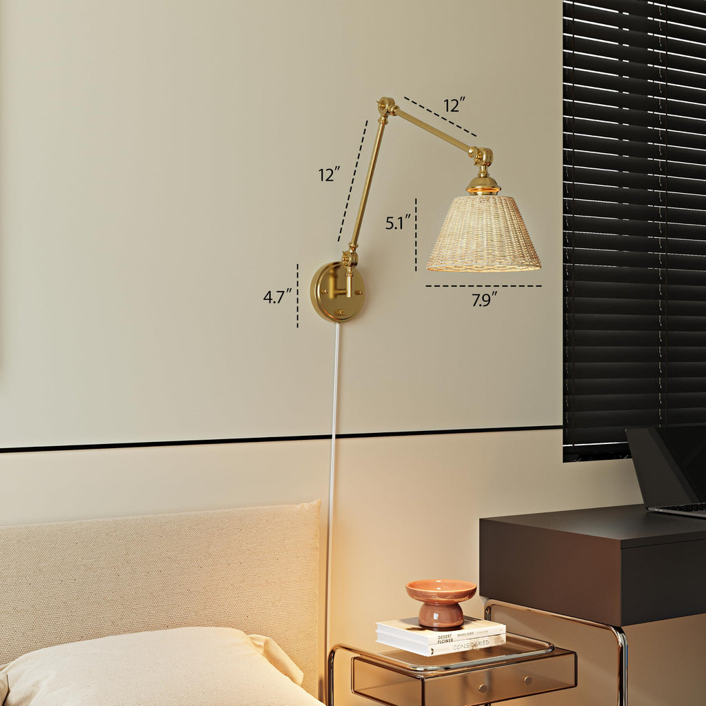 Plug in Wall Sconce, Gold Adjustable Swing Arm Wall Lamp, 1 Pack