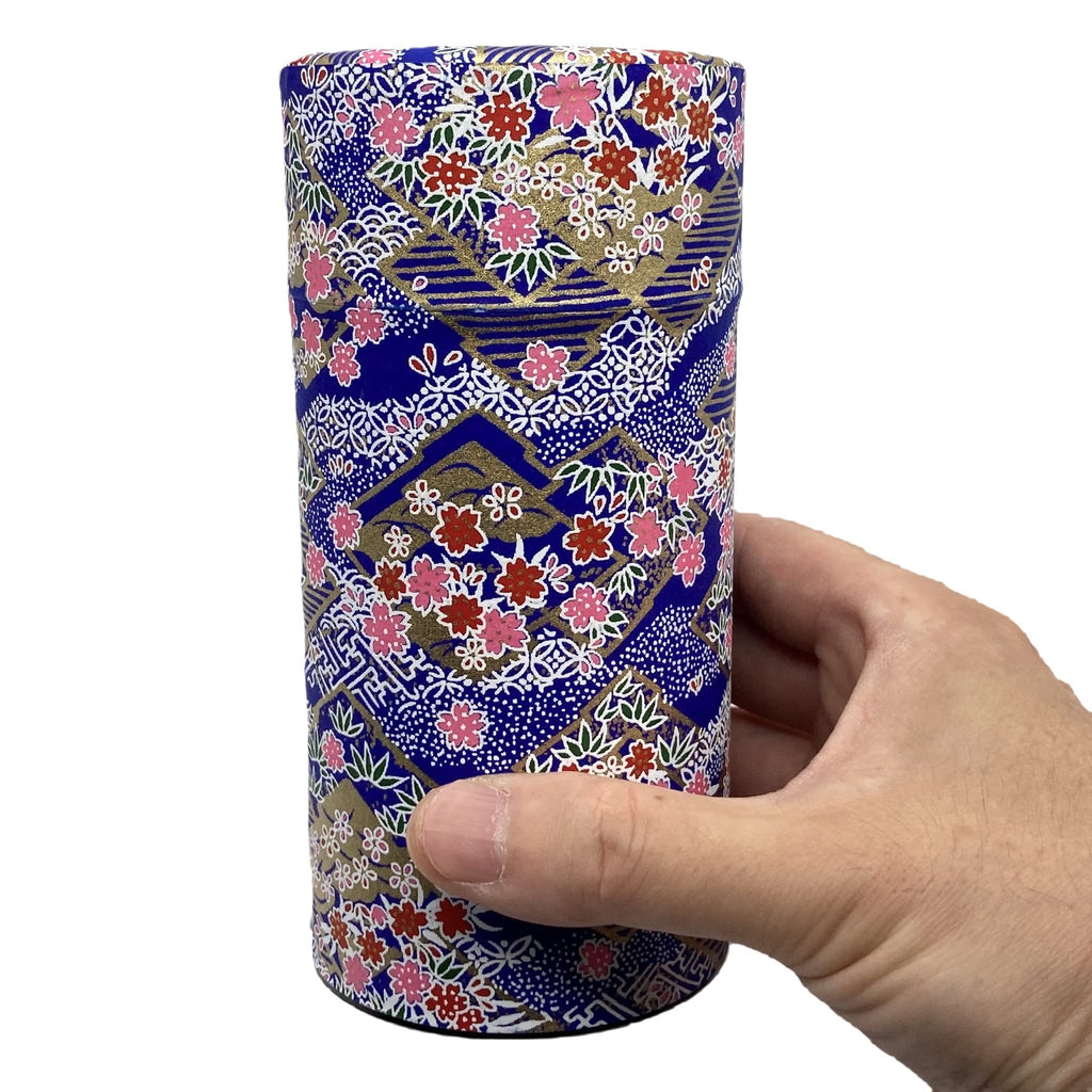 Japanese Tea Canister Tin Sakura Blizzard on a Rhombus Pattern Blue/Double Lid/Japanese YUZEN Washi Paper Pasted