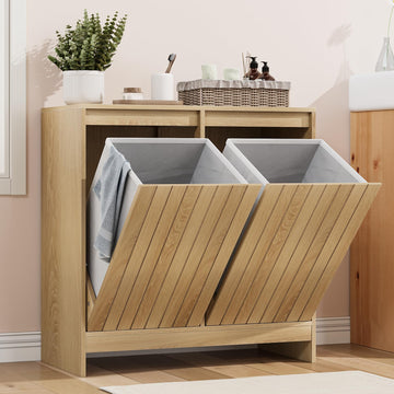 Double Tilt Out Laundry Hamper Cabinet, Hidden Laundry Cabinet with Double Baskets, Natural Trash Can