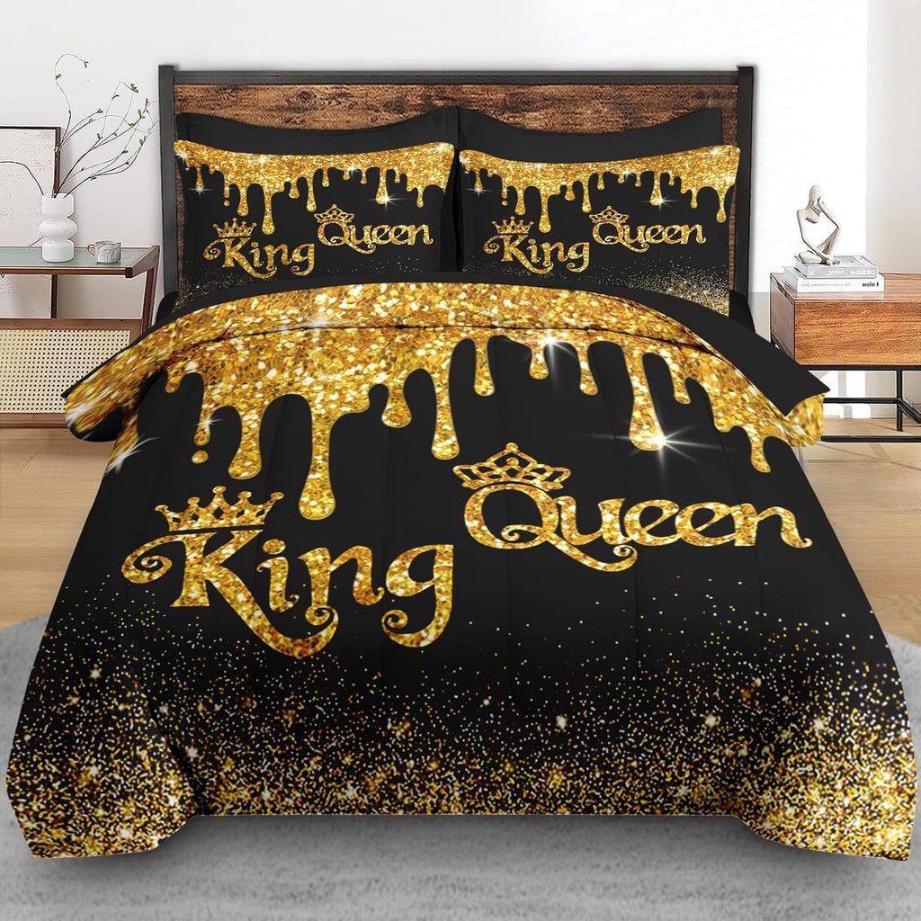 Comforter Set Queen, King Queen Black Gold Crown 7 Pcs Bedding for Kids and Adults