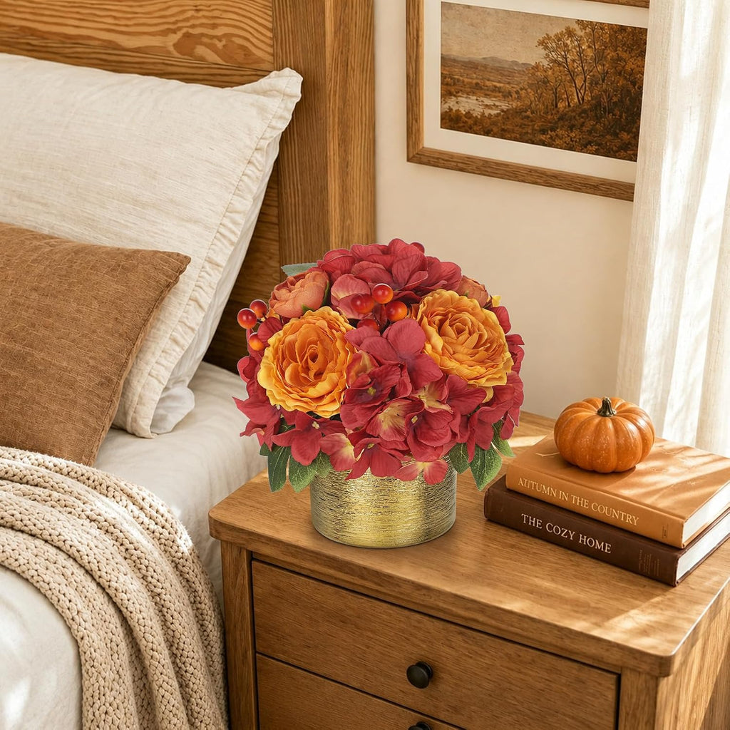 Fall Rose Hydrangeas Artificial Flowers with Golden Pot Decor