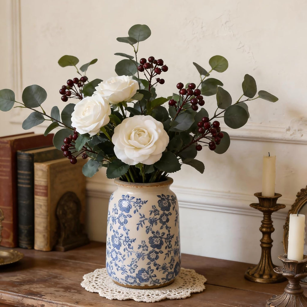Vintage Blue and White Chinoiserie Ceramic Vase, 6.9" Hand-Painted Peony Floral Design, Antique Style Vases