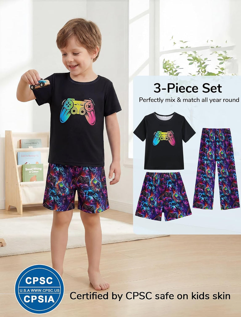 Boys Pajamas 3 Piece Summer Sleepwear Soft Short Sleeves Shorts Set & Long Pants Cool PJs