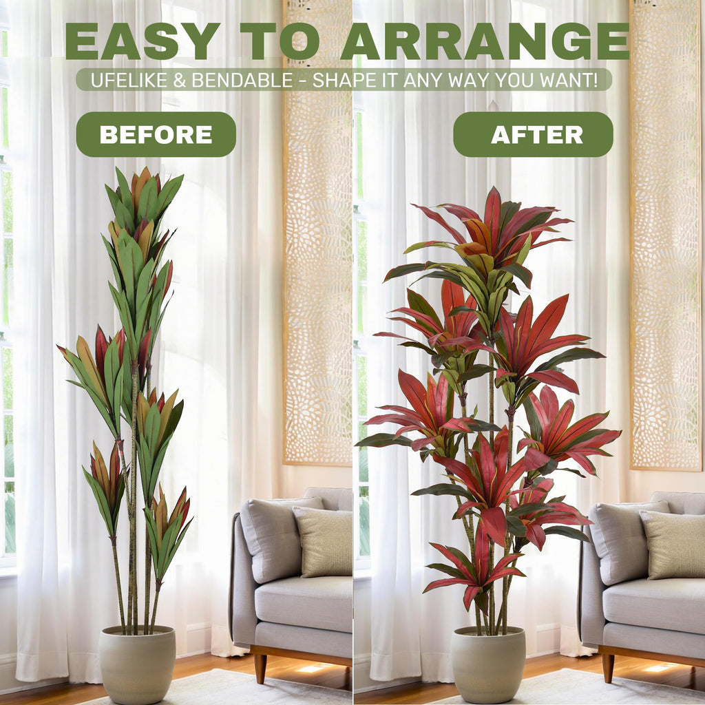 Artificial Dracaena Tree 7ft(84in) Tall Large Faux Silk Plants with Realistic Trunks and Red Leaves, Fake Floor