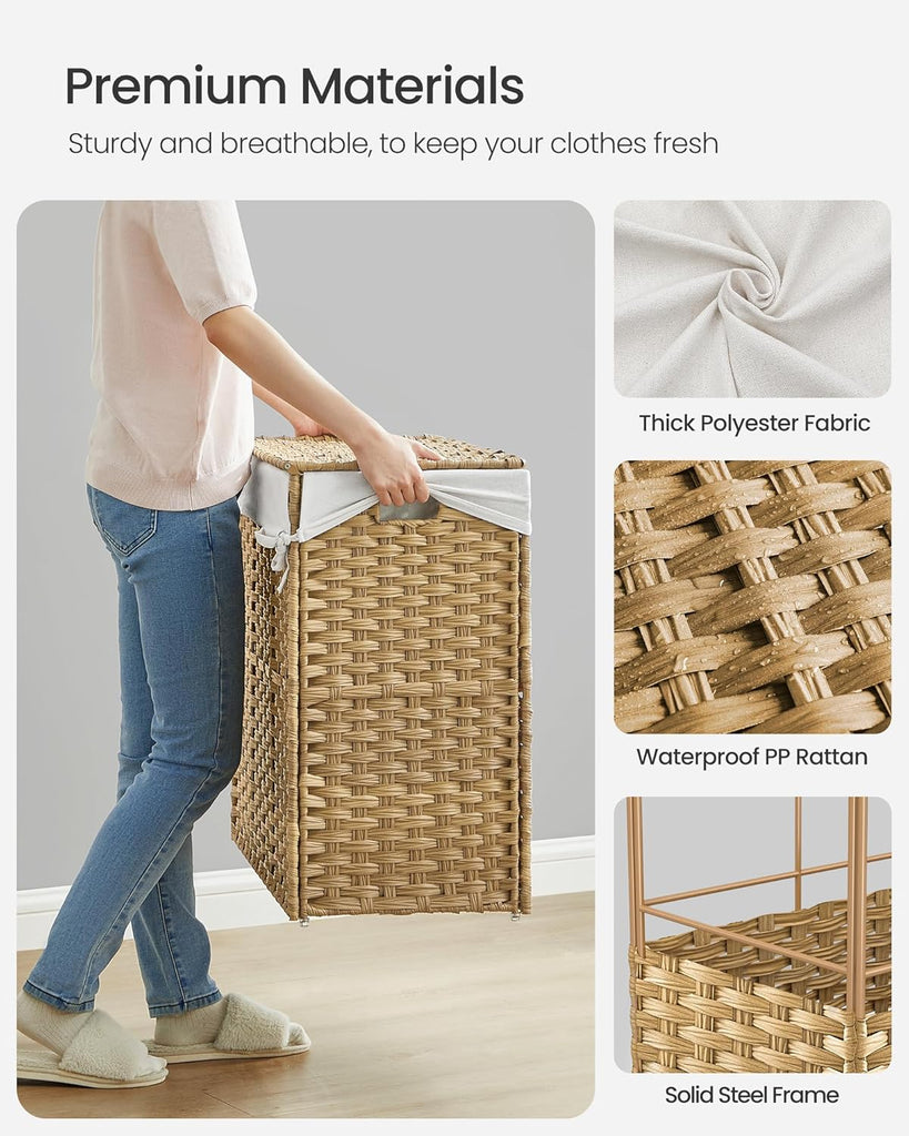 Laundry Hamper with Lid, 42.3 Gallons (160 L), Rolling Laundry Basket with Wheels, 3-Section Synthetic Rattan
