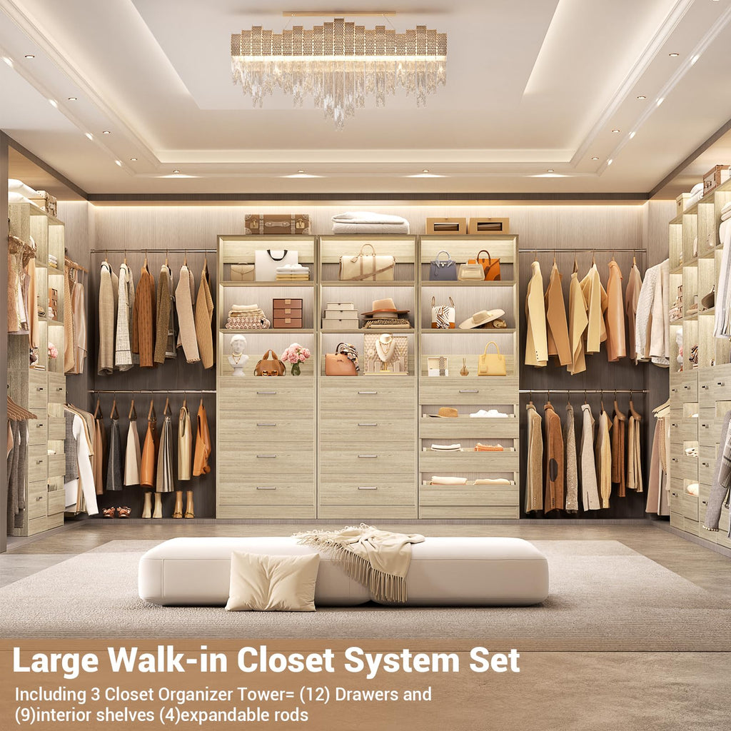Closet System with 12 Drawers, 8.5-11.5Ft Wood Closet Organizer