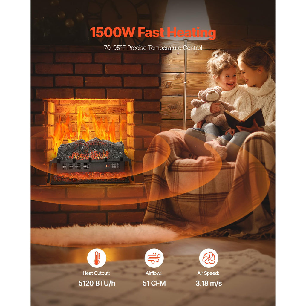 Electric Fireplace Log, 25 inch Fireplace Insert Log Heater, with Crackling Sound, Remote Controller, 5 Adjustable