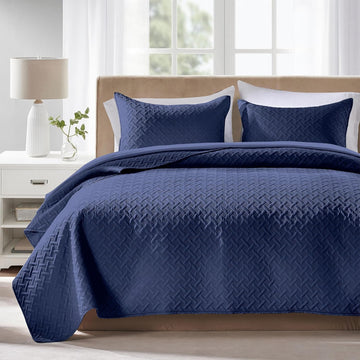 King Quilt Set - Soft Navy Blue Quilts Lightweight Microfiber Bedspread - Classic Basket Weave Pattern Bedspreads