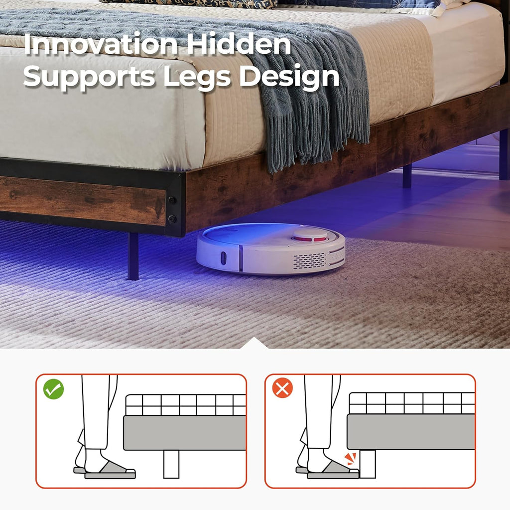 Full Bed Frame with 2-Tier Storage Headboard