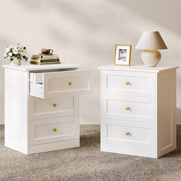 Nightstands Set of 2 with Hidden Drawer, White and Gold
