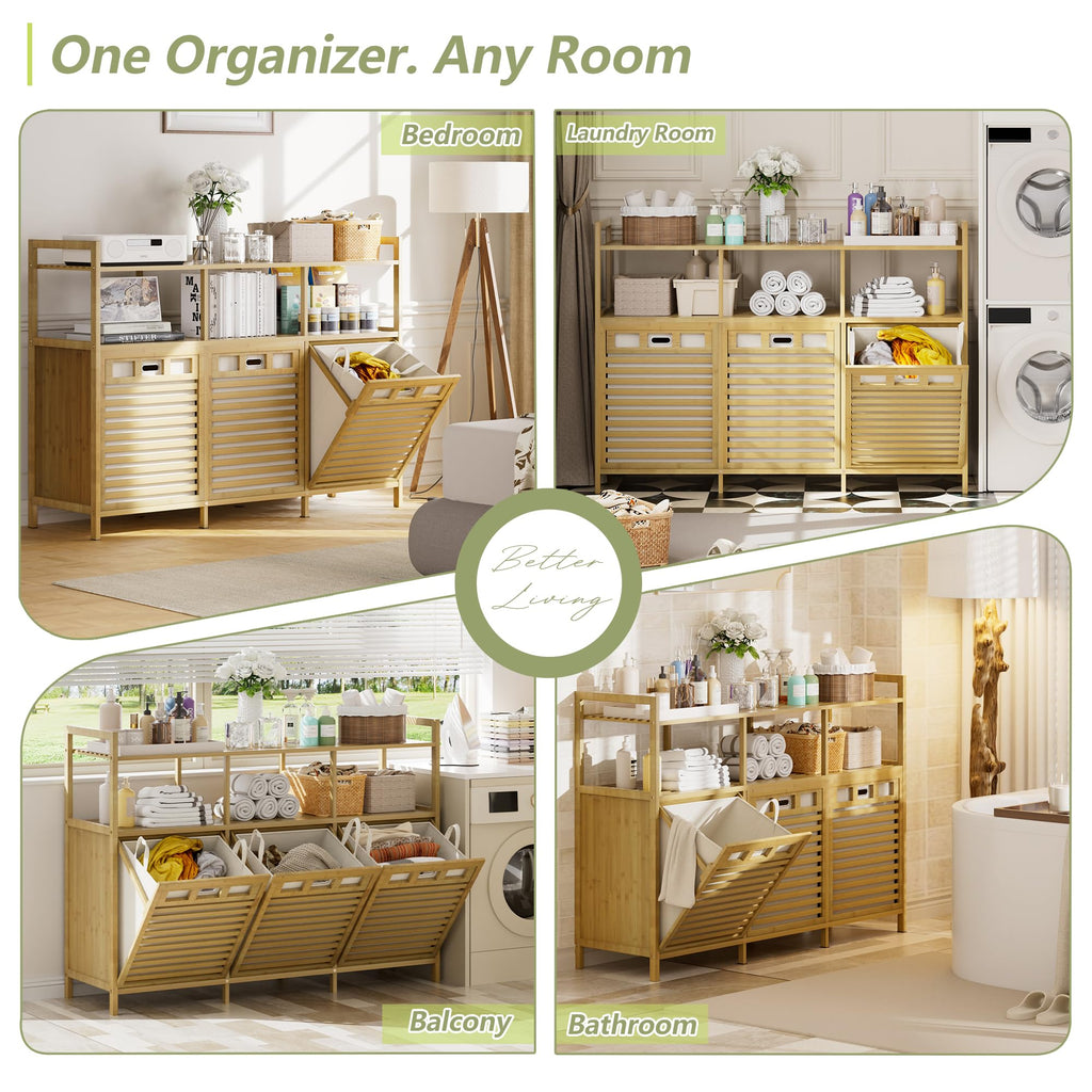 48 Gal Bamboo Tilt Out Laundry Hamper Cabinet with 3 Bag, Natural