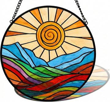 Stunning 12" Stained Glass Suncatcher - Colorful Spiral Sun & Rainbow Mountain Window Hanging, Handcrafted Outdoor