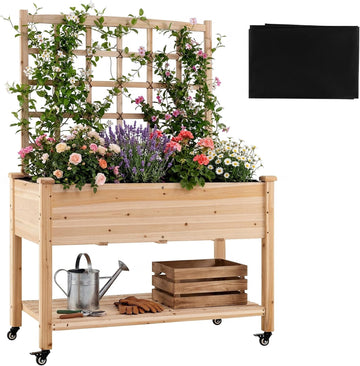 65'' Wooden Raised Garden Bed w/Trellis on Wheels, Mobile Elevated Planter Box w/Legs, Liner & Drainage Holes for
