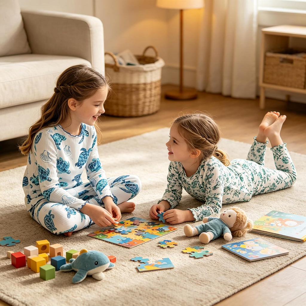 Toddler Girl 4 Piece Pajamas Sets, Snug Fit Lettuce Trim Printed Sleepwear