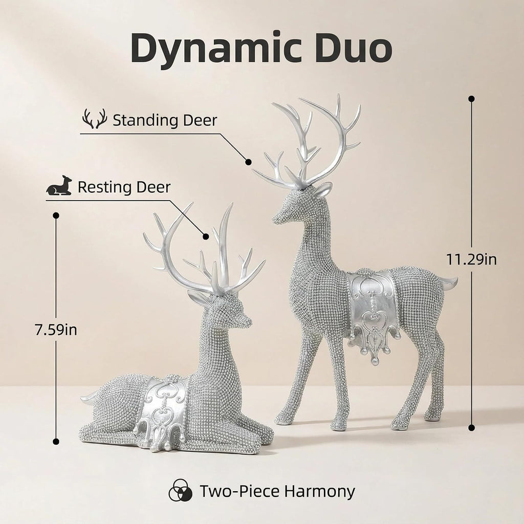 Gifts for Women Set of 2 Christmas Reindeer Statues 11.3" Gold Decorative Deer Sculptures Shelf Decor(Silver)
