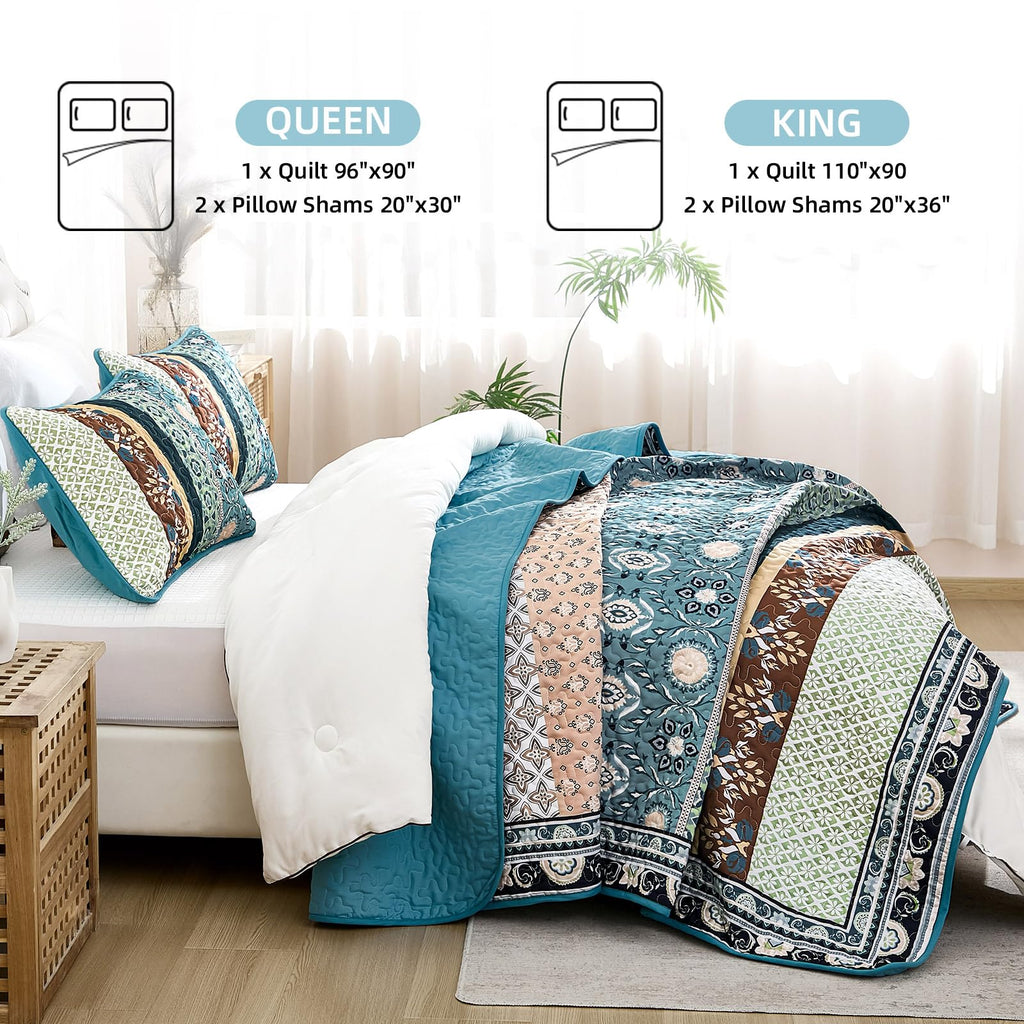 Blue Boho Quilt Set, Fall Patchwork Bedspreads
