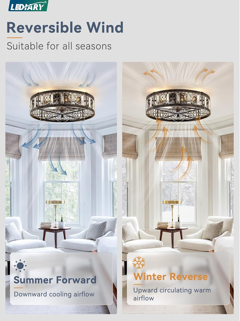 20" Caged Ceiling Fans with Lights,Flush Mount Vintage Victorian Rustic Crystal Fandelier