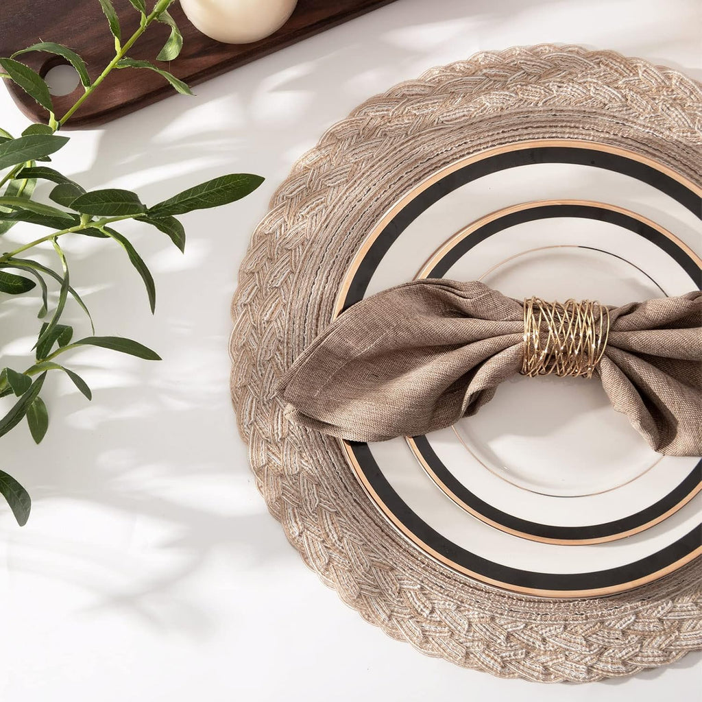 Round Placemats Boho Braided Border 15 inch Circle Place Mats Washable Fabric Table Mats Dining Table, Beige - Set of 4