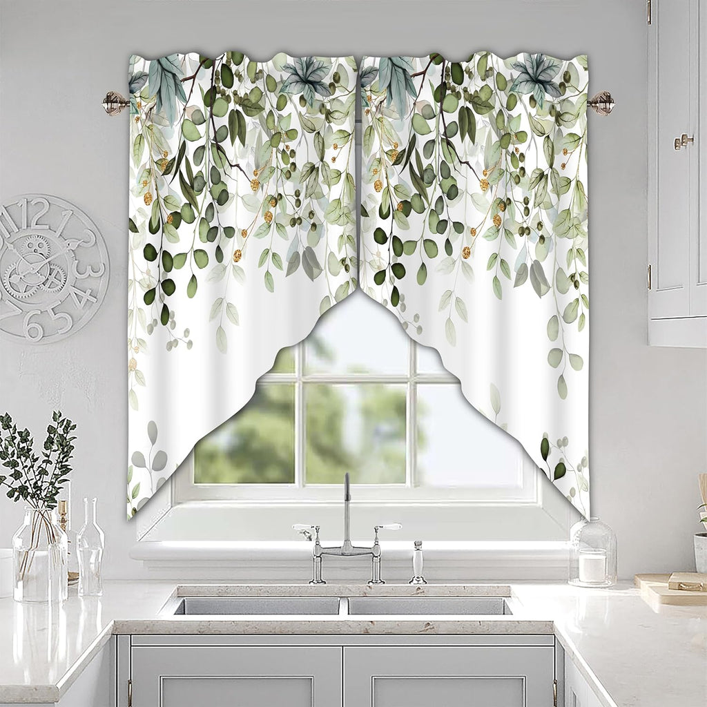 Sage Green Eucalyptus Swag Curtain Valance for Windows,Watercolor Leaves Window Treatments Short Swag Topper for Kitchen Windows Bathroom Bedroom,28 x 36 Inch, 1 Pair