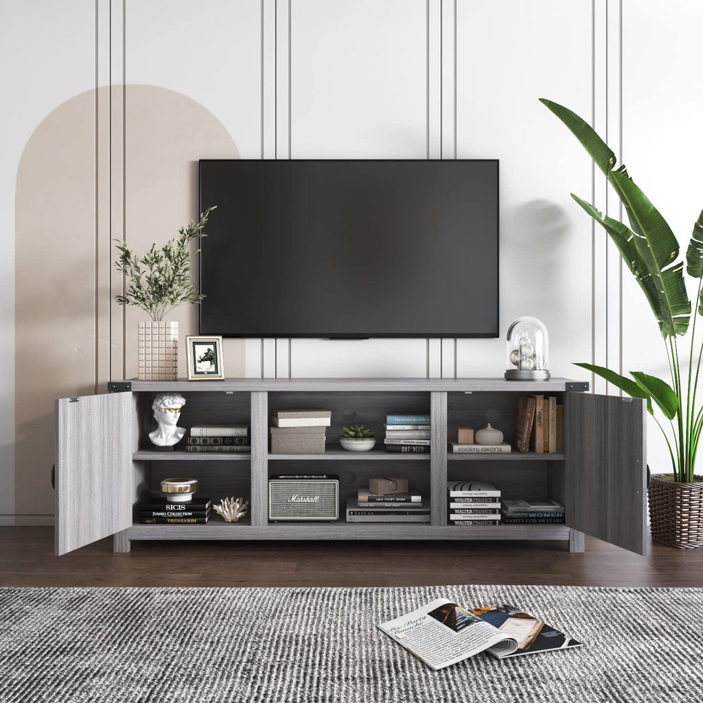 Modern Farmhouse TV Stand with Barn Door for 65 Inch TV, Gray Wash