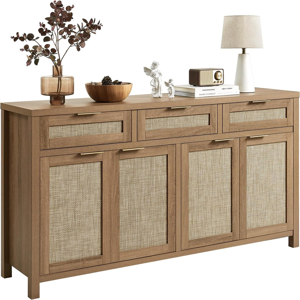 63" Rattan Sideboard Buffet Cabinet, Boho Storage Cabinet with Adjustable Shelves