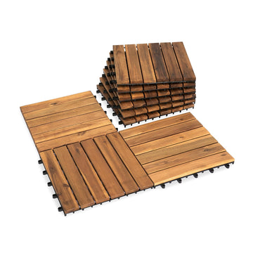 Natural Acacia 12x12 Interlocking Wood Deck Tiles for Balcony, Garden, Patio, Poolside Decor - Waterproof Indoor &