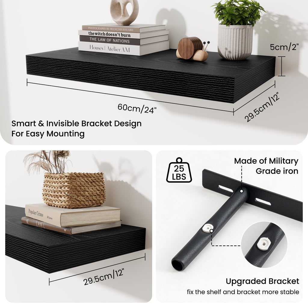 24 Inch Floating Shelves Wall-Mounted, 12 Inch Deep Wall Shelves, 24 x 12 Floating Shelf, Deep Storage Shelf Bathroom