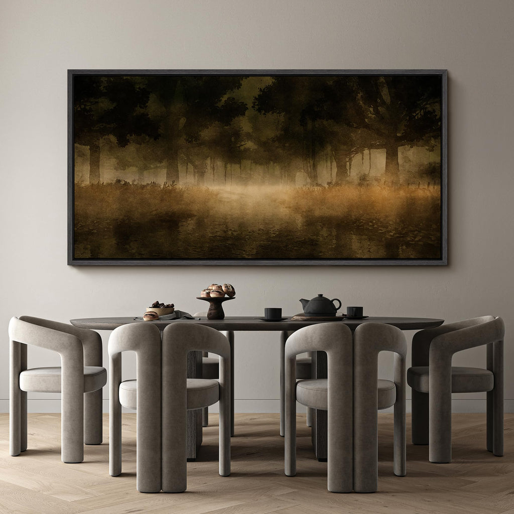 Extra Large Framed Canvas Misty Forest in Earth Tones Watercolor Illustrations Modern Art Calm Warm - 60"" x30