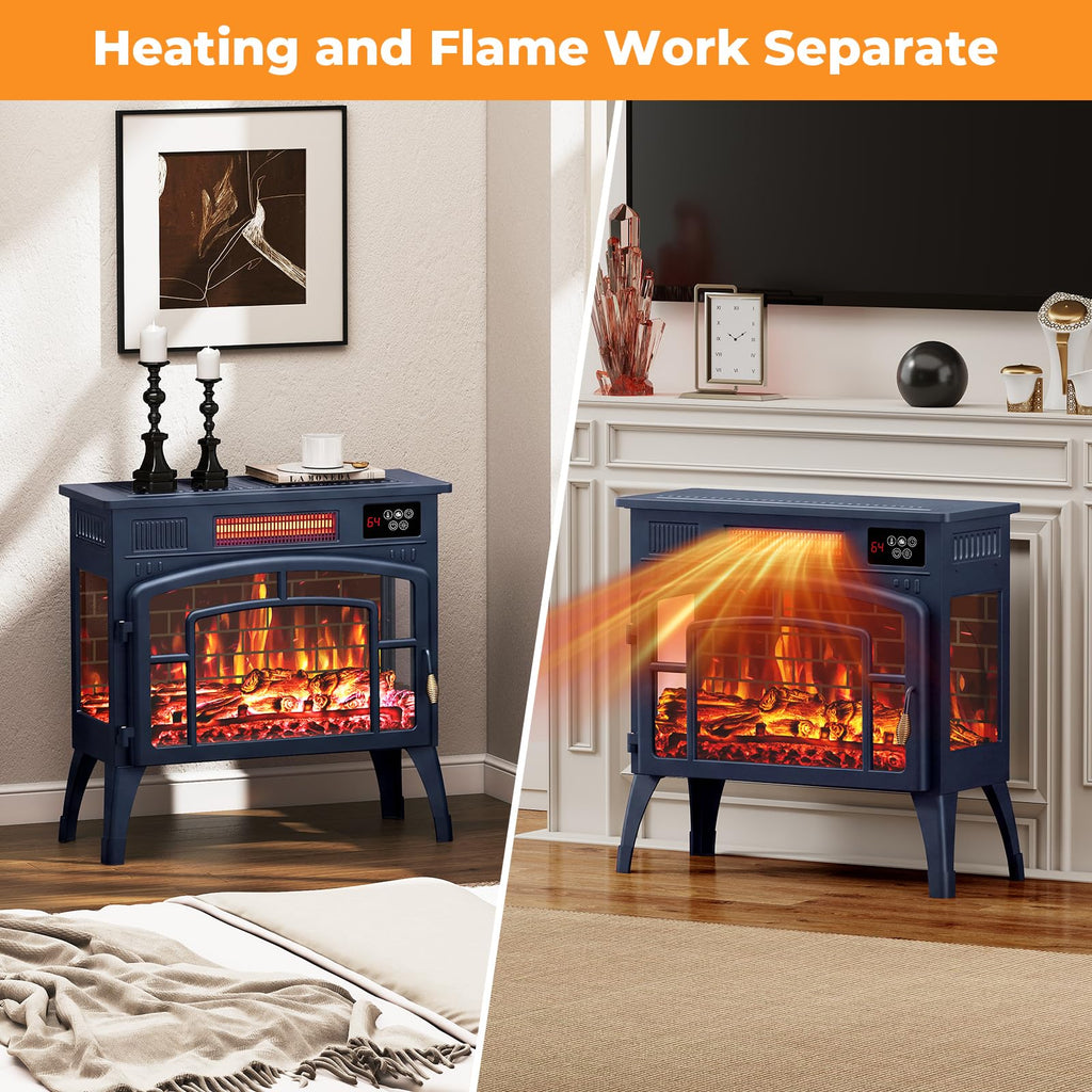 23" Electric Fireplace Heater, Freestanding Fireplace Stove, Infrared Heating, 3D Flame, Thermostat, Overheat