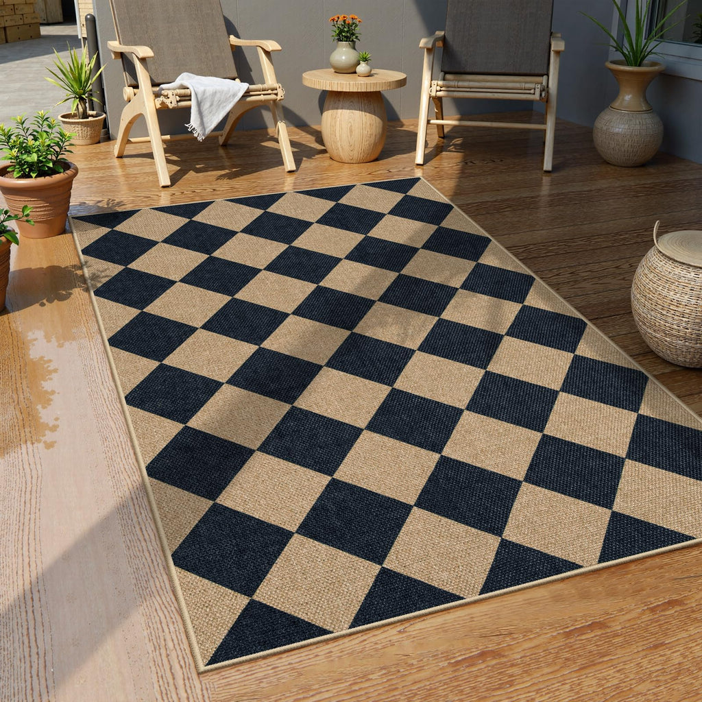 Checkered Easy Jute 3x5 Entryway Front Porch Rug, Black Diamond Indoor Outdoor Patio Layering Rug, Washable Farmhouse