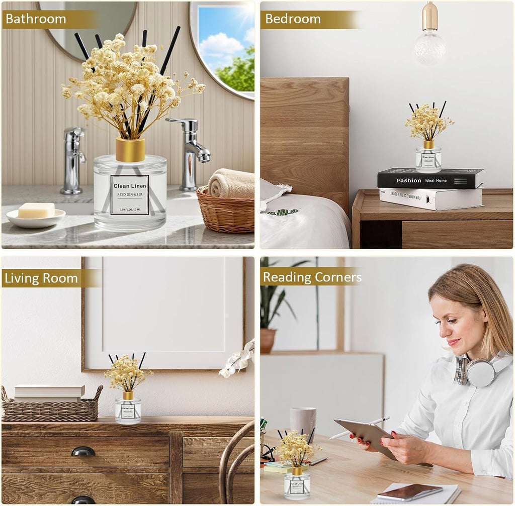 Reed Diffuser Pack,Clean Linen,Eucalyptus & Mint,Ocean Scented Oil Diffuser with 4 Sticks,Reed Diffusers Air - Set of 3