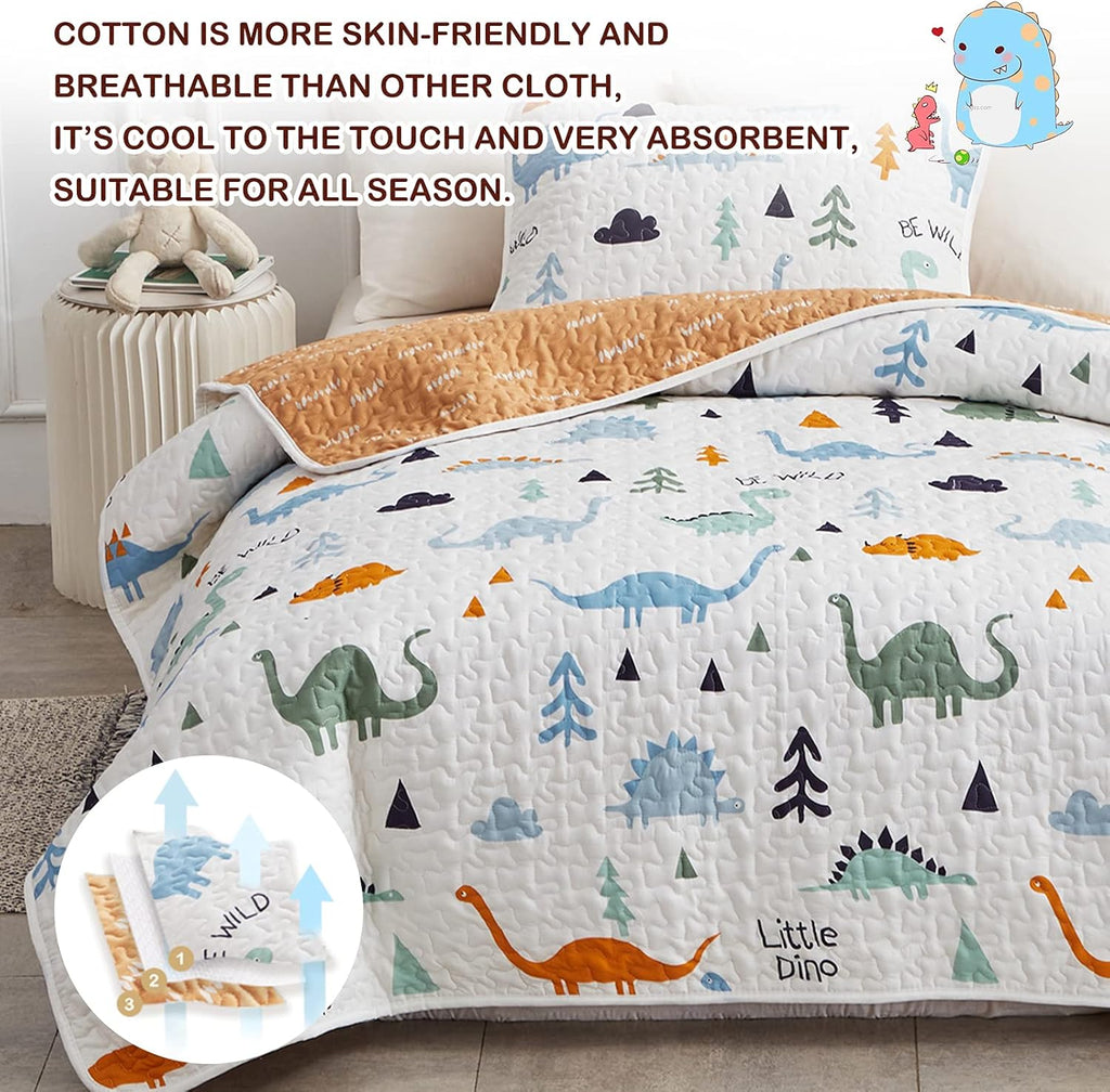 2-Piece Cotton Quilt Set Twin, Cute Dinosaur Reversible Design for Kids Boys Girls, Breathable Skin-friendly Quilt