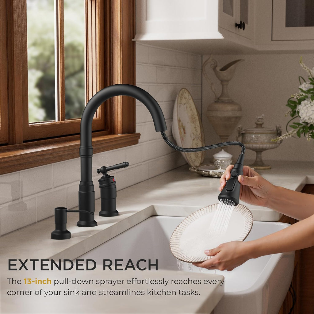 3 Hole Kitchen Faucet with Soap Dispenser, Matte Black | Stainless Steel Single Handle Rusitc Kitchen Sink Faucet