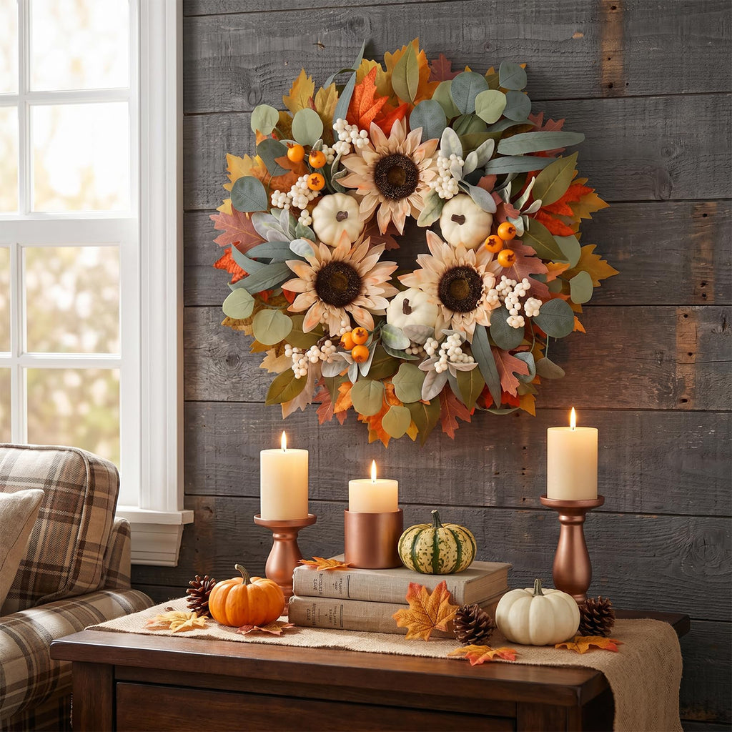 22" Fall Wreaths for Front Door with Pumpkin Sunflower Maple Leaf