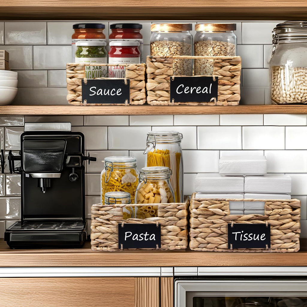 Set of 4 Sizes Hand-Woven Pantry Shelf Baskets, Hyacinth Storage Baskets with Chalkboard Labels & 2 Chalk Markers