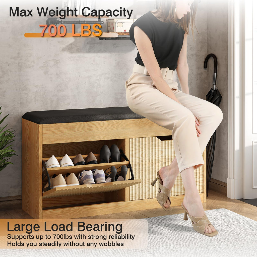 Shoe Storage Bench, 2-Tier Entryway Bench with 2 Flip, 39inches Storage Benches with Padded Cushion Hidden Shoe