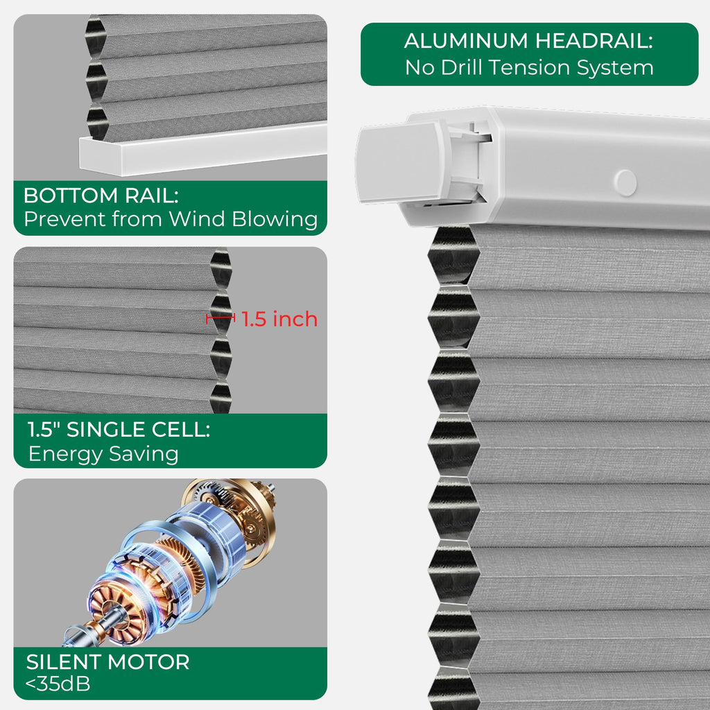 Motorized Cellular Shades No Drill with Remote, Gray